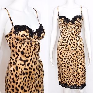 Venus Leopard Print Silk Slip Dress w Black Lace M